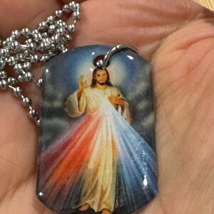 Divine Mercy Image dog tag Pendant  silver tone ball chain 22” long necklace New